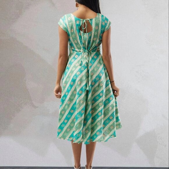 Floral Rayon Knee-Length Dress in Blue and Green | Muvvas Boutique - Picture 3 of 3